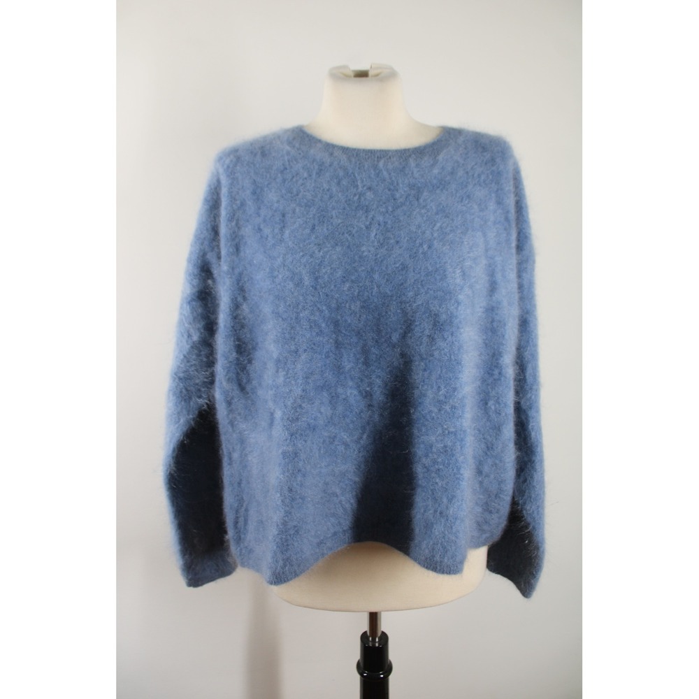 Eileen Fisher S Blue Sweater Fuzzy Italian Yarn Boxy Dropped Shoulder